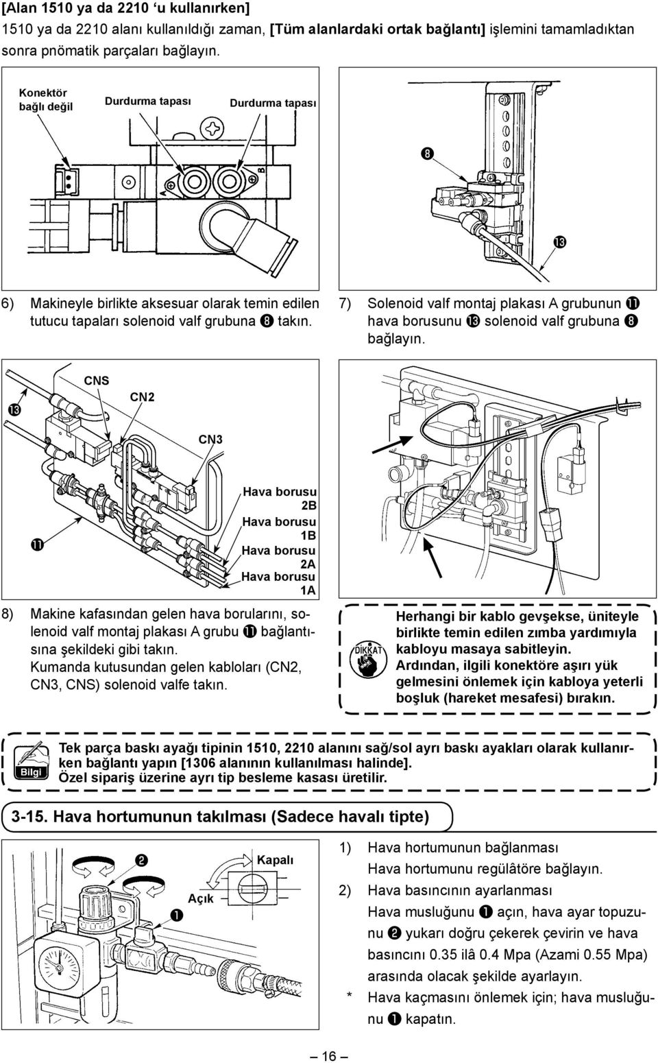 7) Solenoid valf montaj plakası grubunun hava borusunu solenoid valf grubuna ❽ bağlayın.