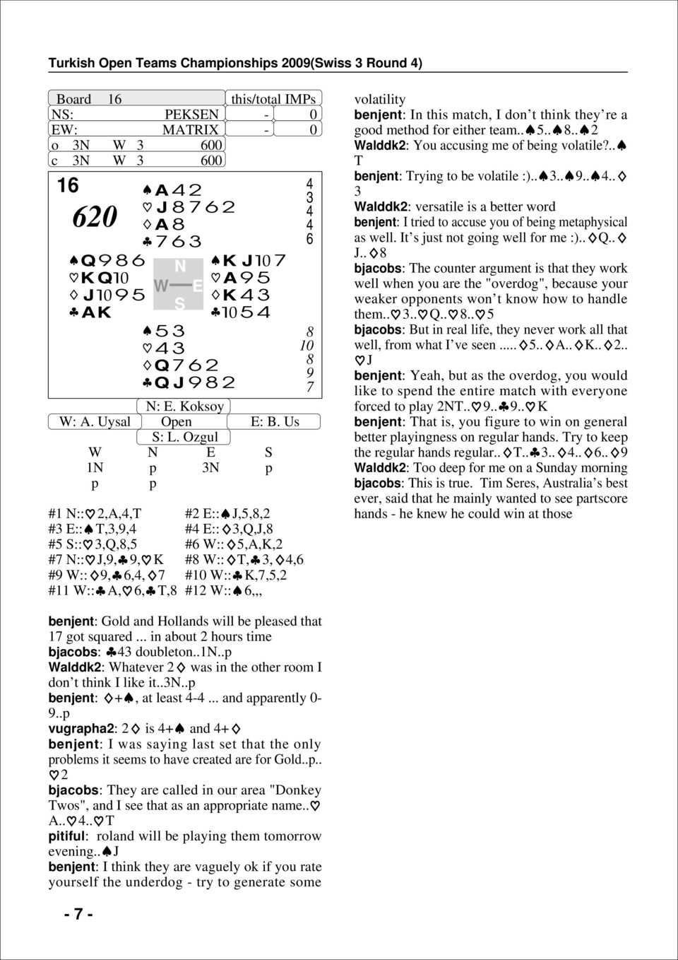 Ozgul W N E S 1N p 3N p p p #1 N:: 2,A,4,T #2 E:: J,,,2 #3 E:: T,3,9,4 #4 E:: 3,Q,J, # S:: 3,Q,, # W::,A,K,2 # N:: J,9, 9, K # W:: T, 3, 4, #9 W:: 9,,4, #10 W:: K,,,2 #11 W:: A,, T, #12 W::,,, 4 3 4