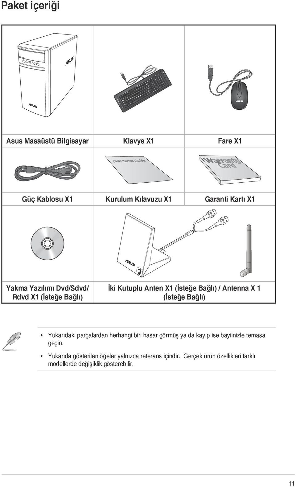 1 (İsteğe Bağlı) Yukarıdaki parçalardan herhangi biri hasar görmüş ya da kayıp ise bayiinizle temasa geçin.