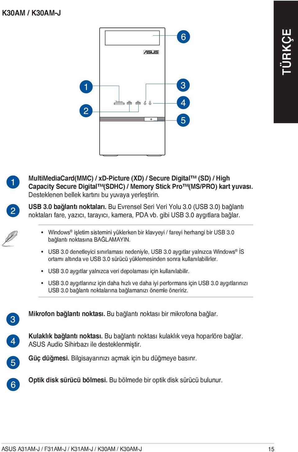 0 aygıtlara bağlar. Windows işletim sistemini yüklerken bir klavyeyi / fareyi herhangi bir USB 3.0 bağlantı noktasına BAĞLAMAYIN. USB 3.0 denetleyici sınırlaması nedeniyle, USB 3.