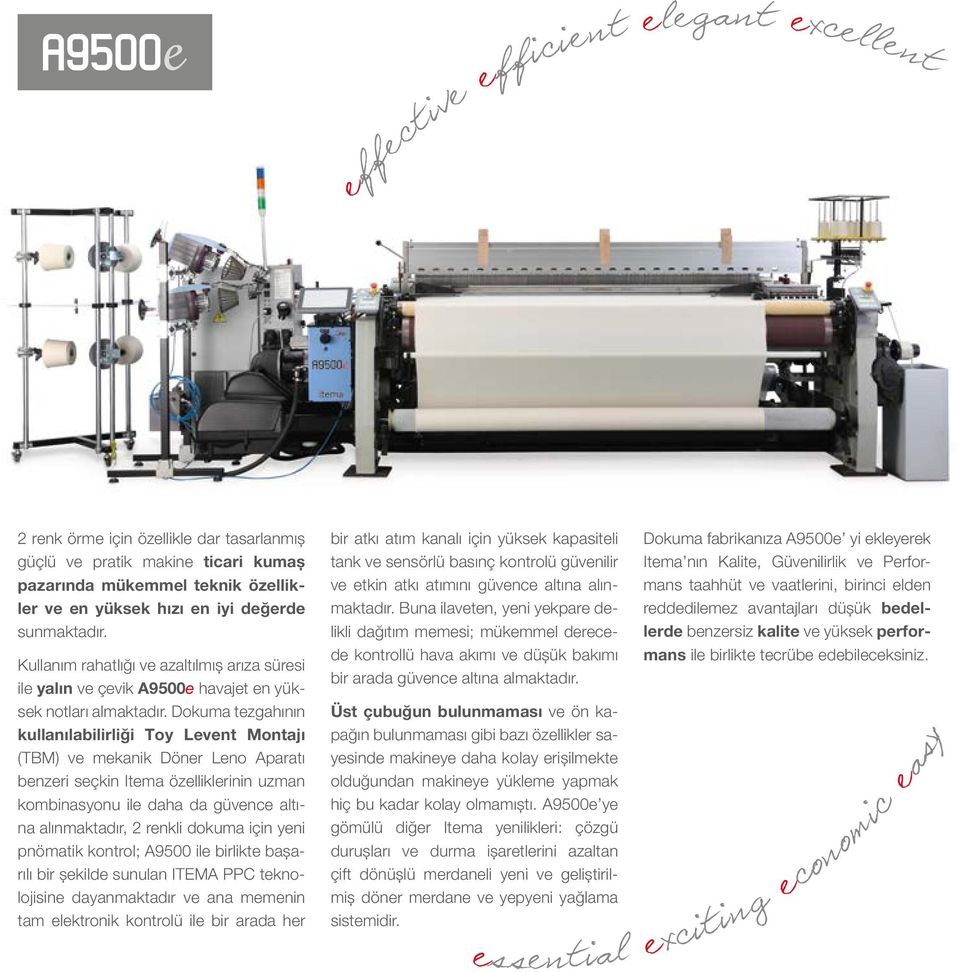 Dokuma tezgahının kullanılabilirliği Toy Levent Montajı (TBM) ve mekanik Döner Leno Aparatı benzeri seçkin Itema özelliklerinin uzman kombinasyonu ile daha da güvence altına alınmaktadır, 2 renkli