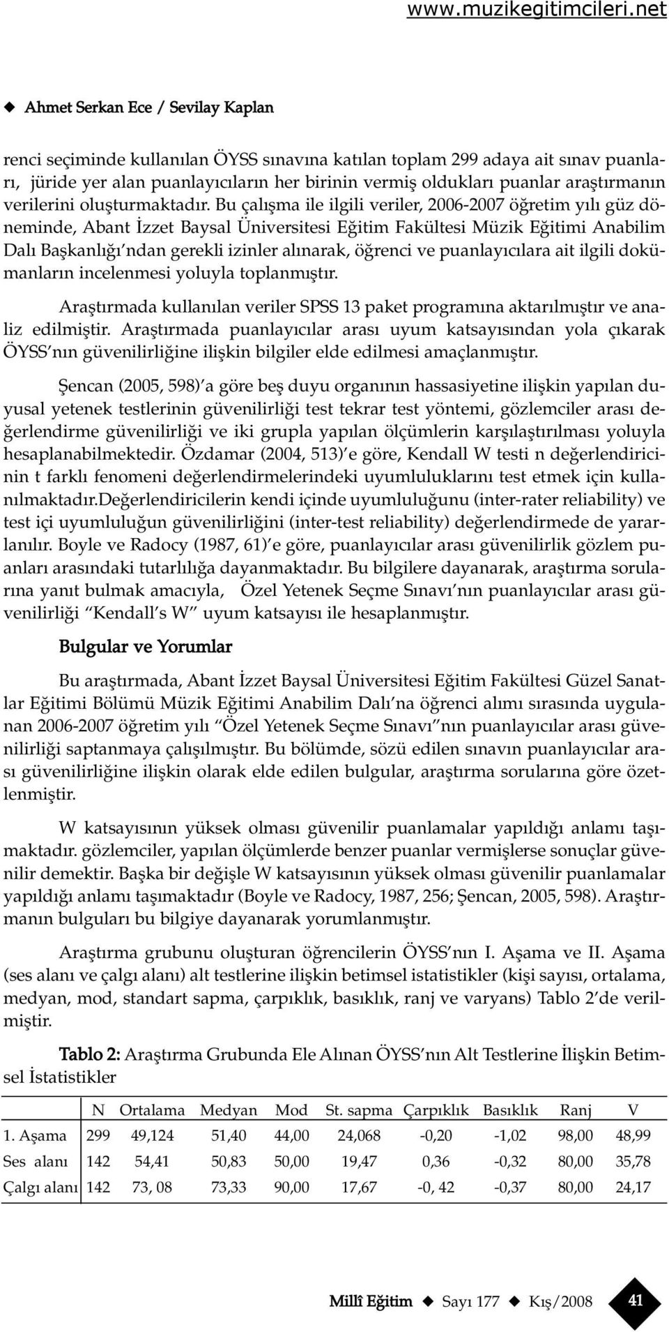 Bu çal flma ile ilgili veriler, 2006-2007 ö retim y l güz döneminde, Abant zzet Baysal Üniversitesi E itim Fakültesi Müzik E itimi Anabilim Dal Baflkanl ndan gerekli izinler al narak, ö renci ve