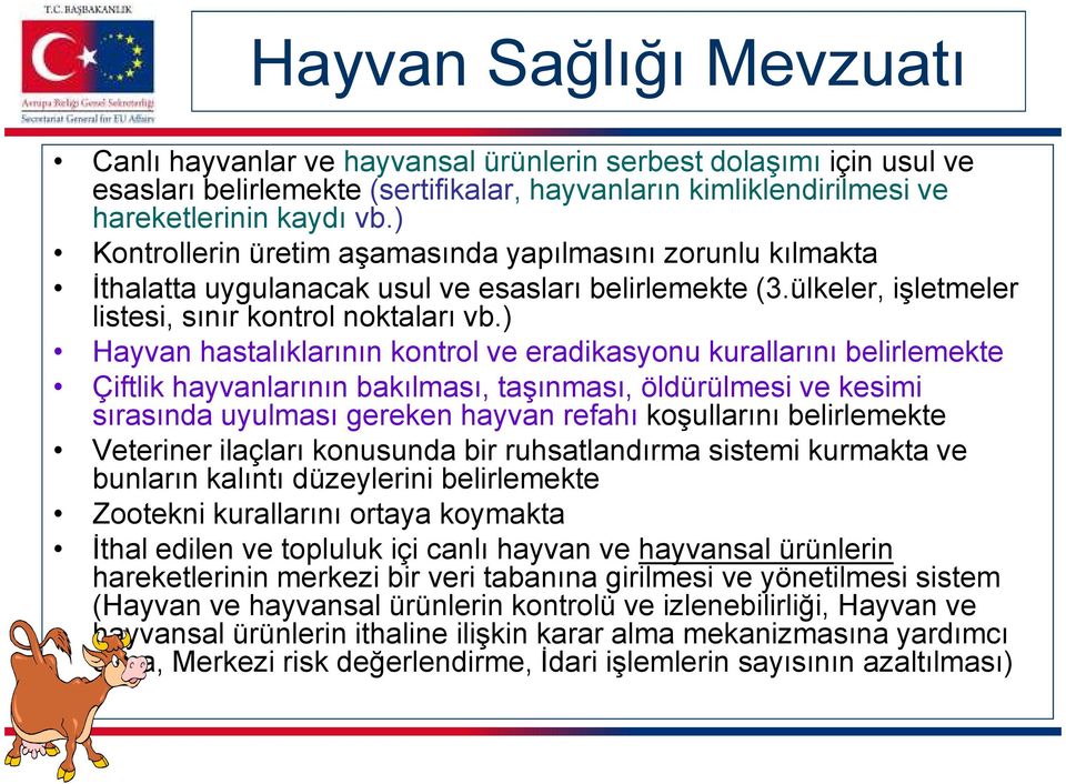 ) Hayvan hastalıklarının kontrol ve eradikasyonu kurallarını belirlemekte Çiftlik hayvanlarının bakılması, taşınması, öldürülmesi ve kesimi sırasında uyulması gereken hayvan refahı koşullarını