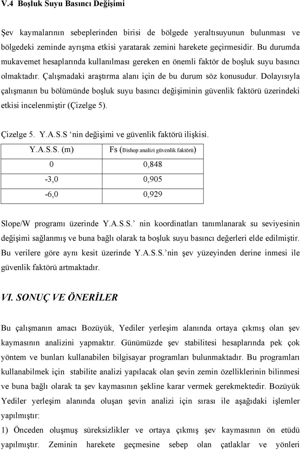 Dolayısıyla çalışmanın bu bölümünde boşluk suyu basıncı değişiminin güvenlik faktörü üzerindeki etkisi incelenmiştir (Çizelge 5). Çizelge 5. Y.A.S.