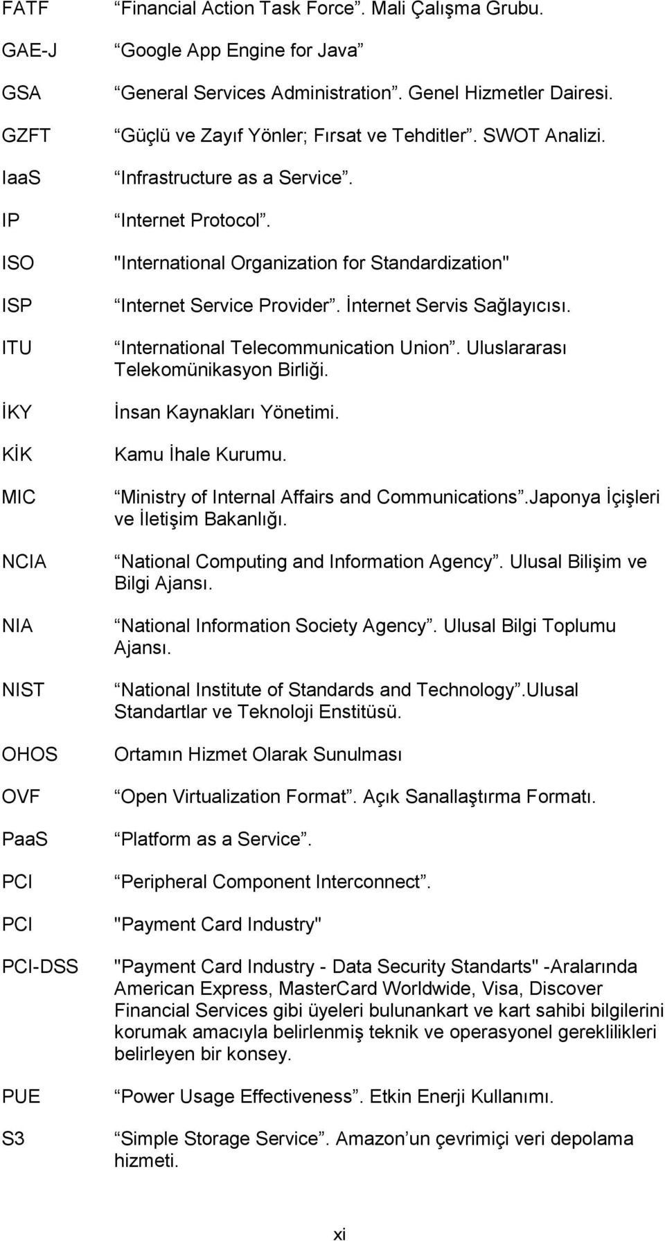 "International Organization for Standardization" Internet Service Provider. Ġnternet Servis Sağlayıcısı. International Telecommunication Union. Uluslararası Telekomünikasyon Birliği.