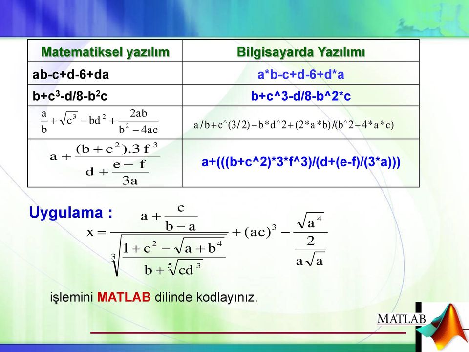 2) b* d 2 (2* a* b) /( b 2 4* a* c) a+(((b+c^2)*3*f^3)/(d+(e-f)/(3*a))) Uygulama :