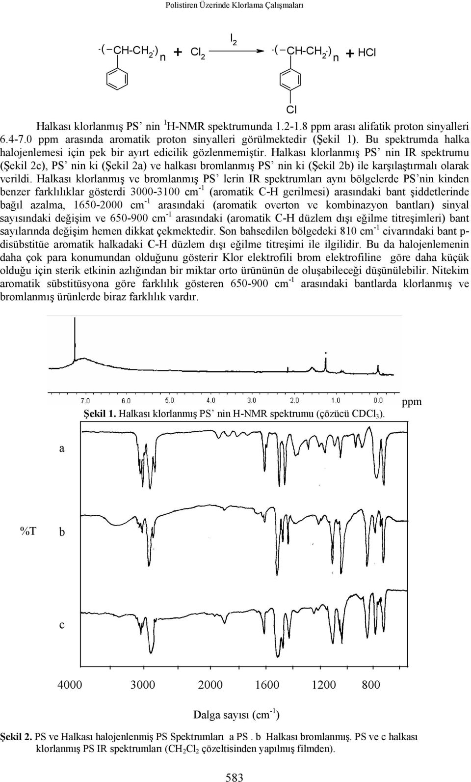 Halkası klorlanmış PS nin IR spektrumu (Şekil 2c), PS nin ki (Şekil 2a) ve halkası bromlanmış PS nin ki (Şekil 2b) ile karşılaştırmalı olarak verildi.