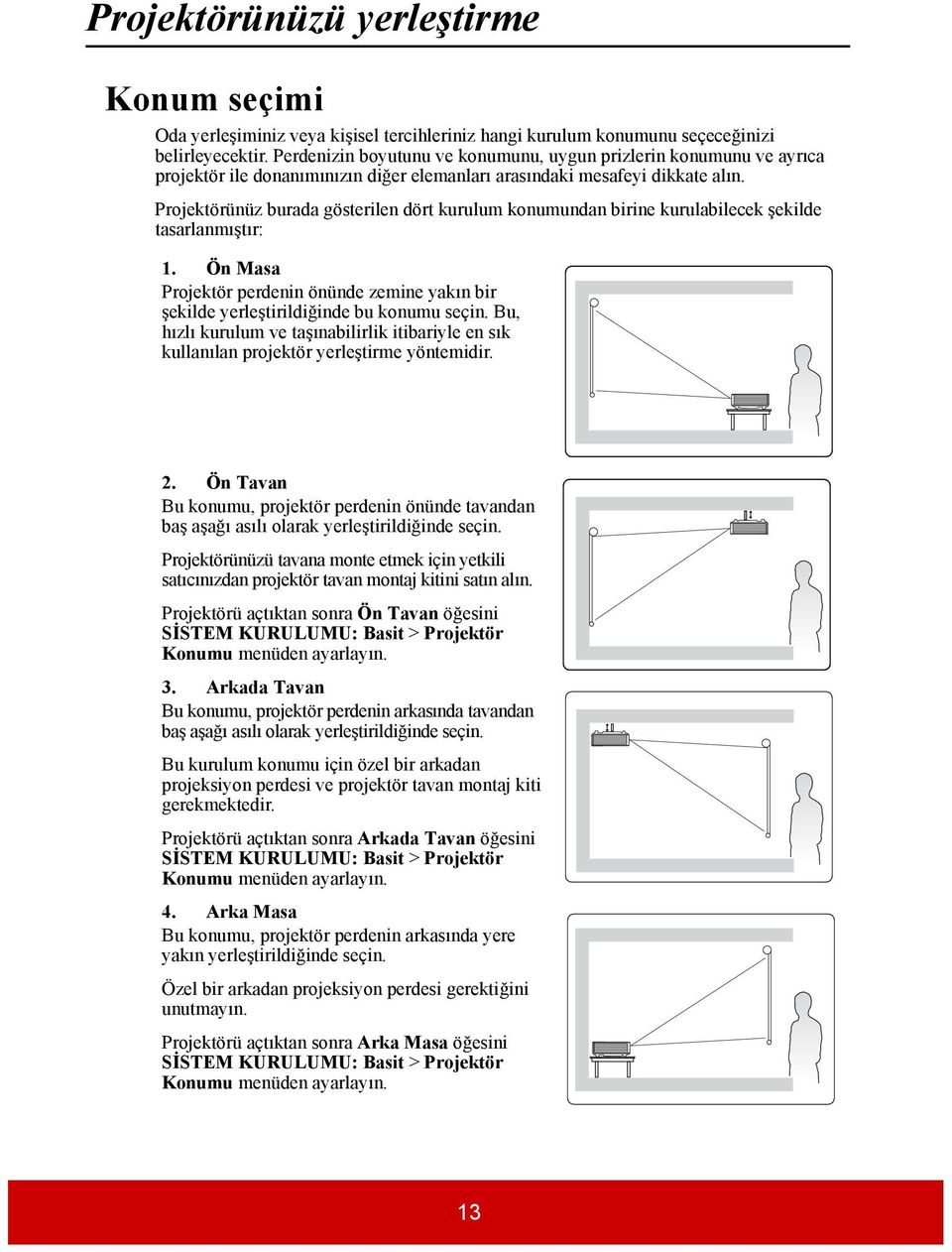 Projektörünüz burada gösterilen dört kurulum konumundan birine kurulabilecek şekilde tasarlanmıştır: 1. Ön Masa Projektör perdenin önünde zemine yakın bir şekilde yerleştirildiğinde bu konumu seçin.