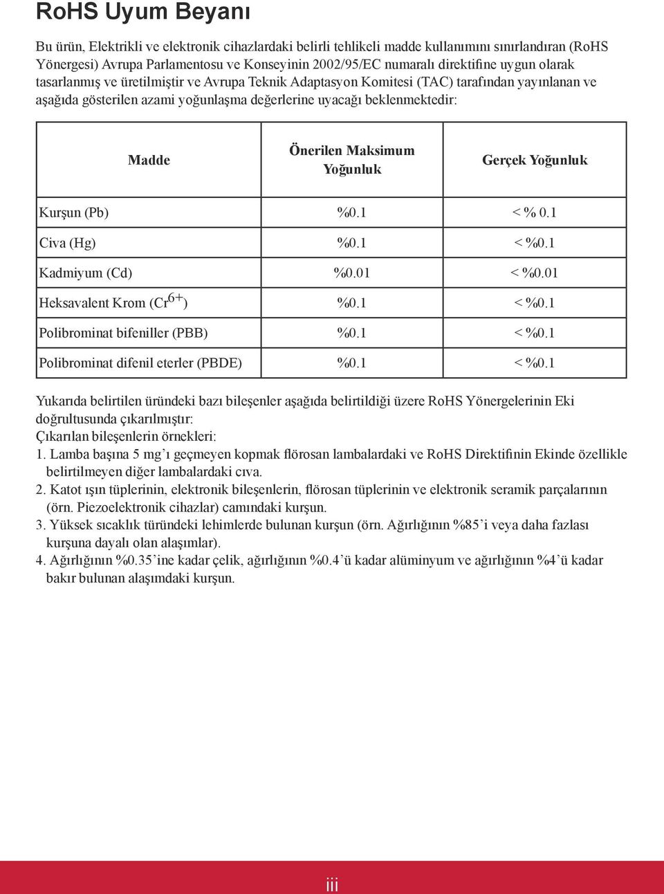 Maksimum Yoğunluk Gerçek Yoğunluk Kurşun (Pb) %0.1 < % 0.1 Civa (Hg) %0.1 < %0.1 Kadmiyum (Cd) %0.01 < %0.01 Heksavalent Krom (Cr 6+ ) %0.1 < %0.1 Polibrominat bifeniller (PBB) %0.1 < %0.1 Polibrominat difenil eterler (PBDE) %0.