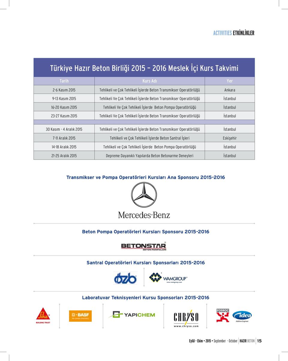 Ve Çok Tehlikeli İşlerde Beton Transmikser Operatörlüğü İstanbul 30 Kasım - 4 Aralık 2015 Tehlikeli ve Çok Tehlikeli İşlerde Beton Transmikser Operatörlüğü İstanbul 7-11 Aralık 2015 Tehlikeli ve Çok