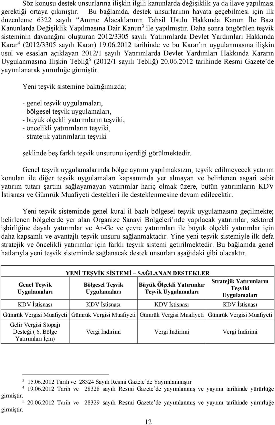 yapılmıştır. Daha sonra öngörülen teşvik sisteminin dayanağını oluşturan 2012/3305 sayılı Yatırımlarda Devlet Yardımları Hakkında Karar 4 (2012/3305 sayılı Karar) 19.06.