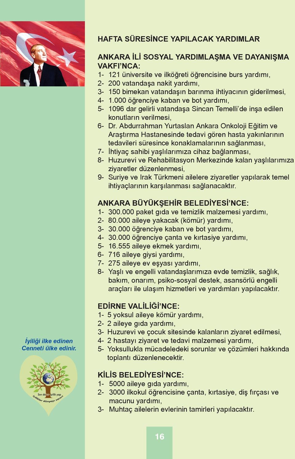 Abdurrahman Yurtaslan Ankara Onkoloji Eğitim ve Araştırma Hastanesinde tedavi gören hasta yakınlarının tedavileri süresince konaklamalarının sağlanması, 7- İhtiyaç sahibi yaşlılarımıza cihaz