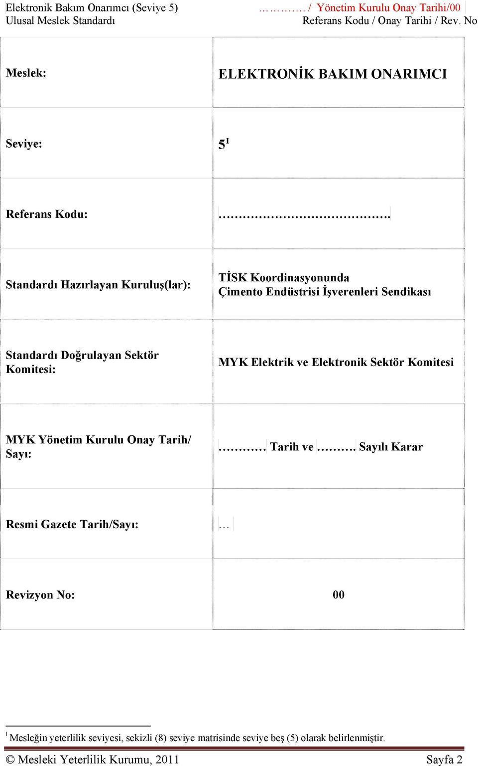 MYK Elektrik ve Elektronik Sektör Komitesi MYK Yönetim Kurulu Onay Tarih/ Sayı: Tarih ve.