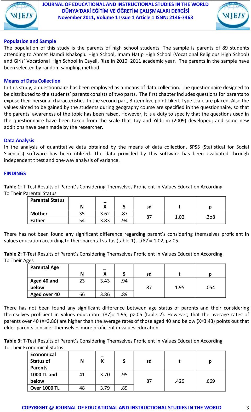 2011 academic year. The parents in the sample have been selected by random sampling method. Means of Data Collection In this study, a questionnaire has been employed as a means of data collection.