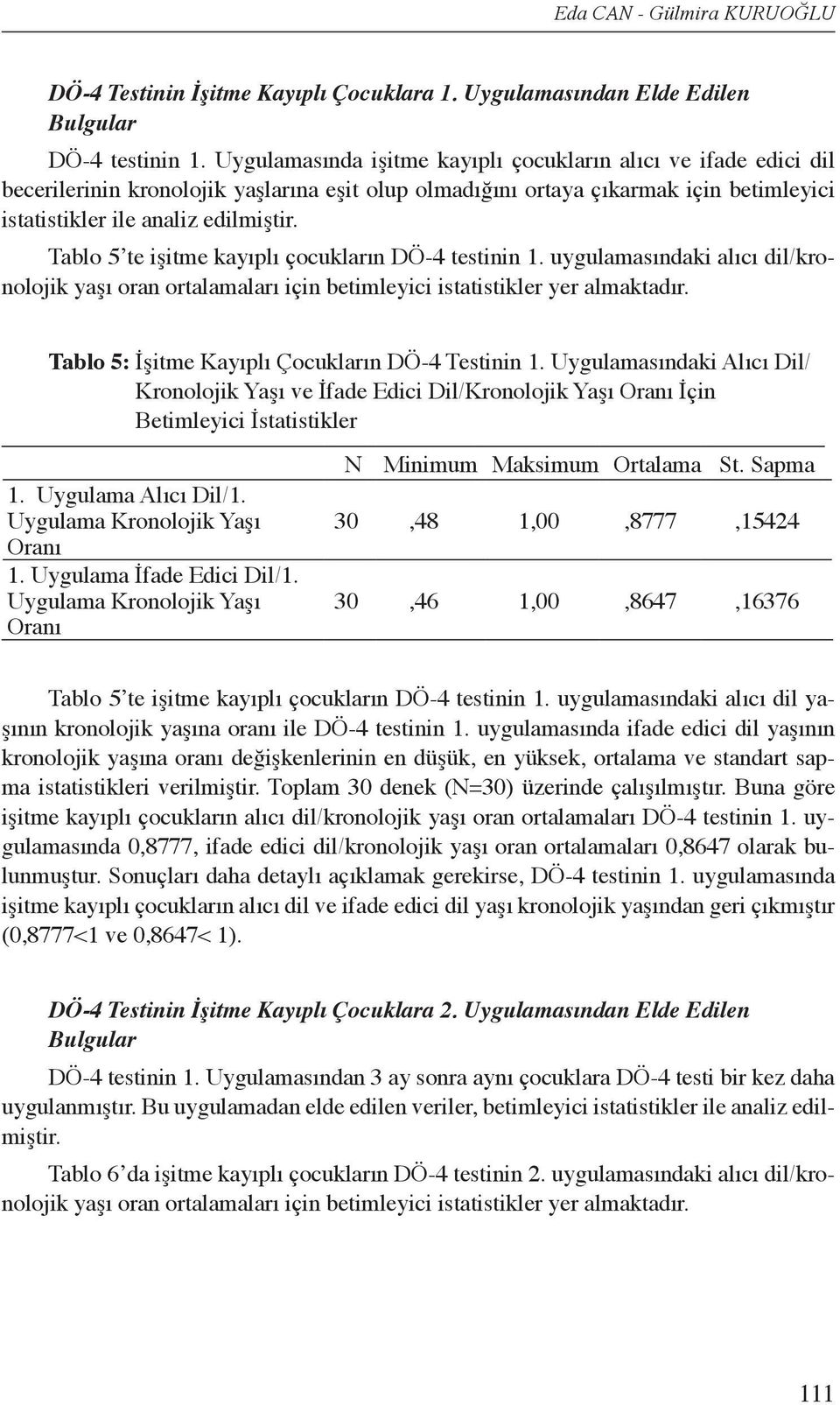 Tablo 5 te işitme kayıplı çocukların DÖ-4 testinin 1. uygulamasındaki alıcı dil/kronolojik yaşı oran ortalamaları için betimleyici istatistikler yer almaktadır.