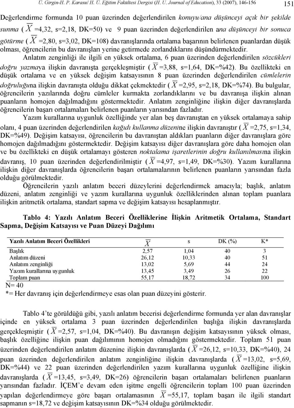 değerlendirilen ana düşünceyi bir sonuca götürme ( X =2,80, s=3,02, DK=108) davranışlarında ortalama başarının belirlenen puanlardan düşük olması, öğrencilerin bu davranışları yerine getirmede