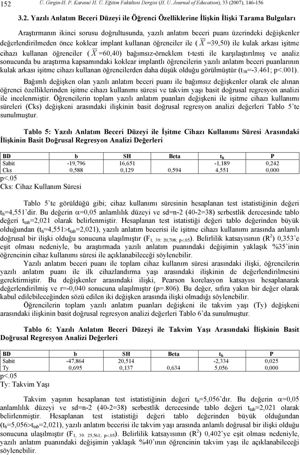 kullanan öğrenciler ( X =60,40) bağımsız-örneklem t-testi ile karşılaştırılmış ve analiz sonucunda bu araştırma kapsamındaki koklear implantlı öğrencilerin yazılı anlatım beceri puanlarının kulak