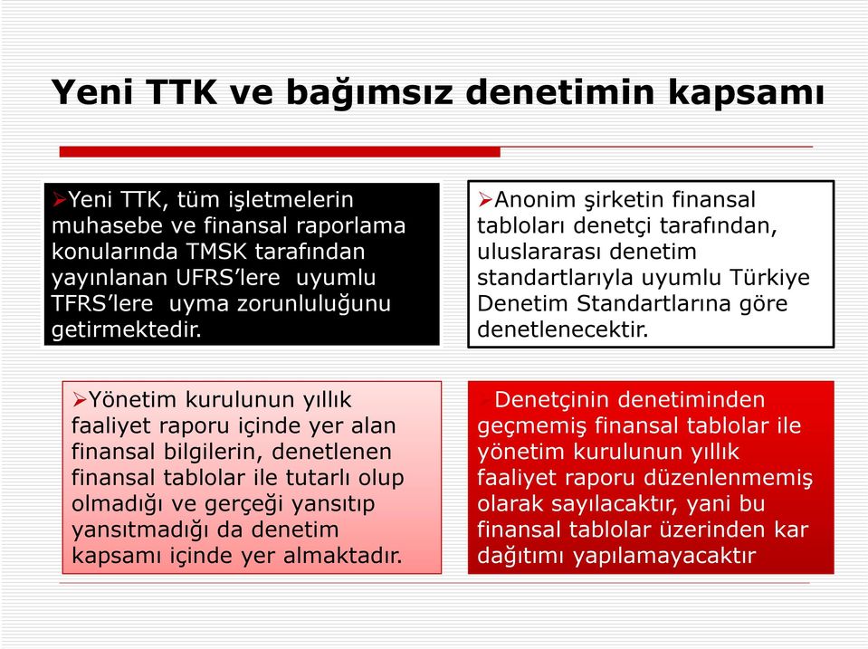 Yönetim kurulunun yıllık faaliyet raporu içinde yer alan finansal bilgilerin, denetlenen finansal tablolar ile tutarlı olup olmadığı ve gerçeği yansıtıp yansıtmadığı da denetim kapsamı