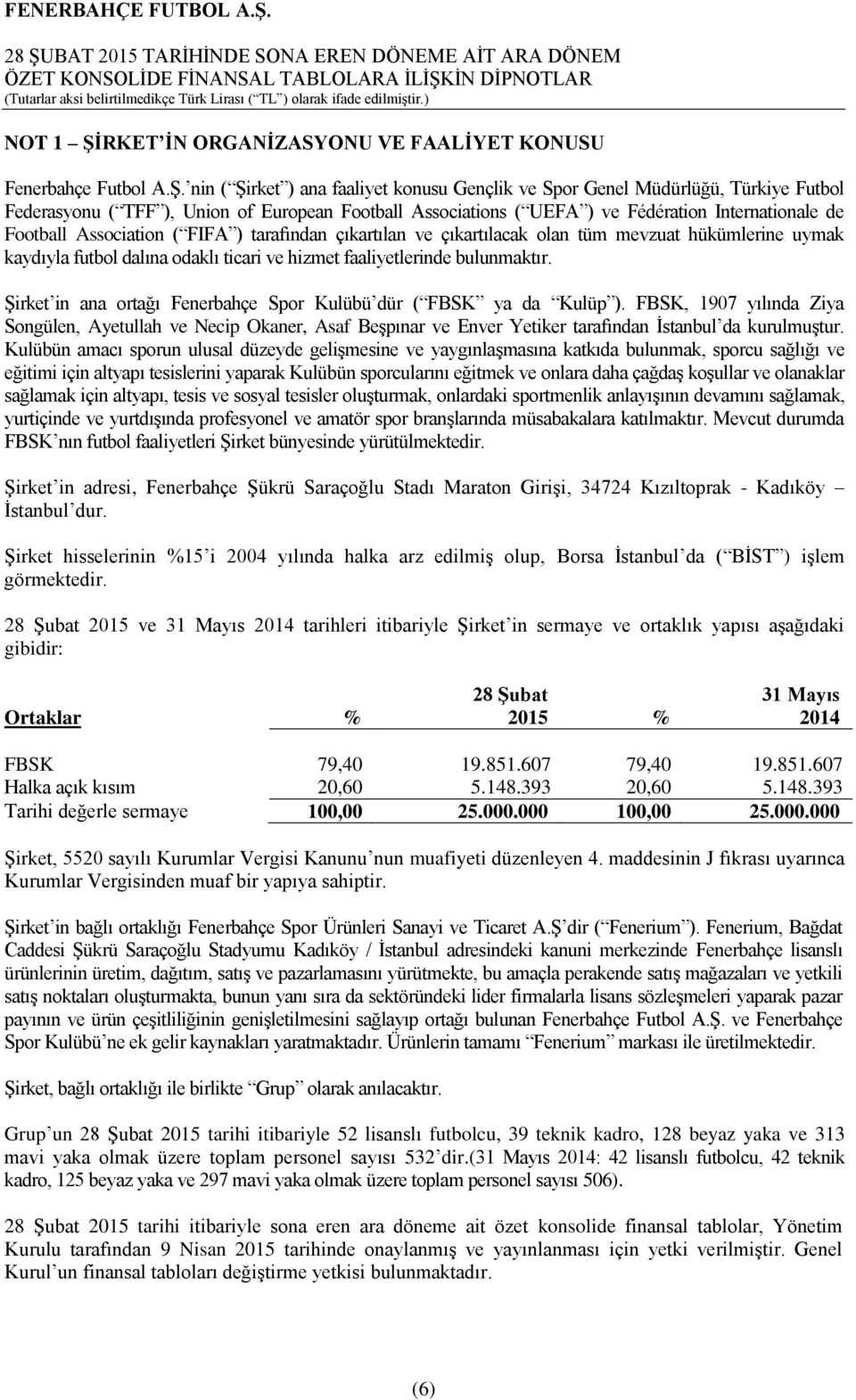 RKET İN ORGANİZASYONU VE FAALİYET KONUSU Fenerbahçe Futbol A.Ş.