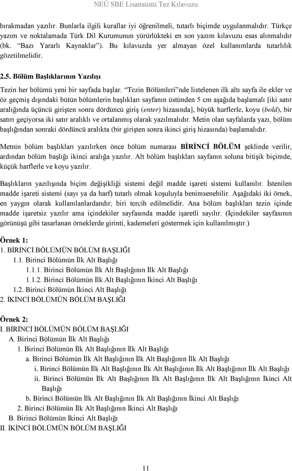 Tezin Bölümleri nde listelenen ilk altı sayfa ile ekler ve öz geçmiş dışındaki bütün bölümlerin başlıkları sayfanın üstünden 5 cm aşağıda başlamalı [iki satır aralığında üçüncü girişten sonra