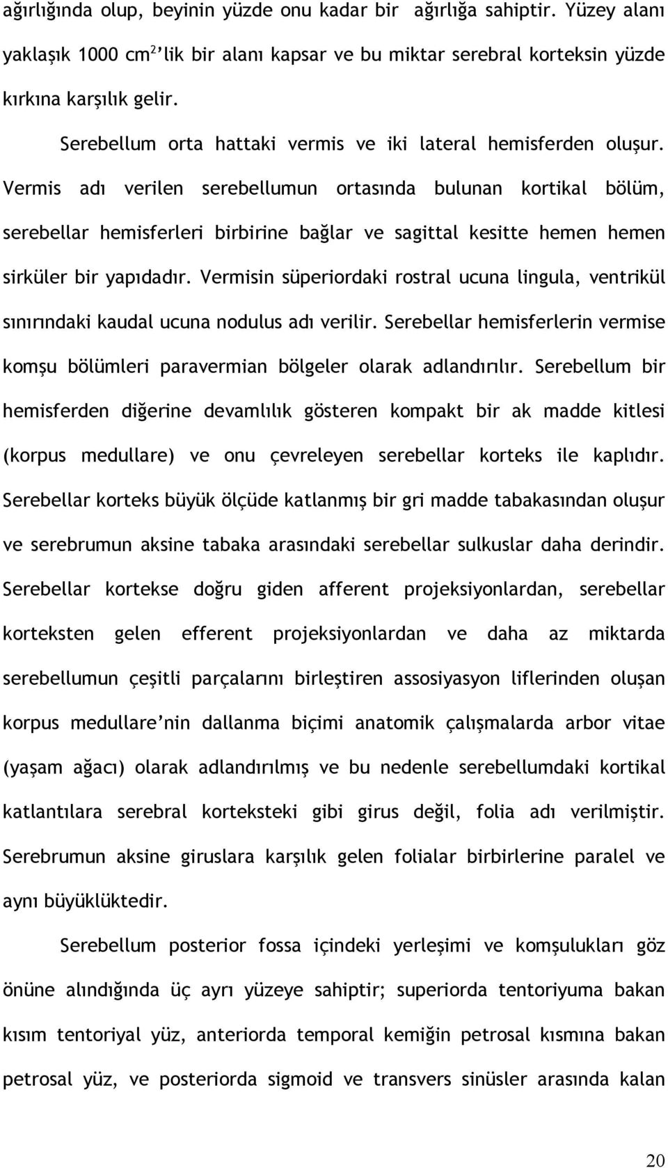 Vermis adı verilen serebellumun ortasında bulunan kortikal bölüm, serebellar hemisferleri birbirine bağlar ve sagittal kesitte hemen hemen sirküler bir yapıdadır.