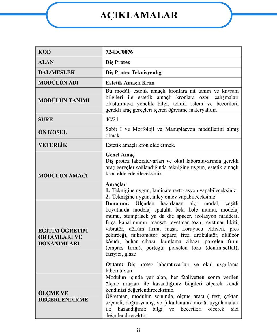 becerileri, gerekli araç gereçleri içeren öğrenme materyalidir. Sabit I ve Morfoloji ve Manüplasyon modüllerini almıģ olmak. Estetik amaçlı kron elde etmek.