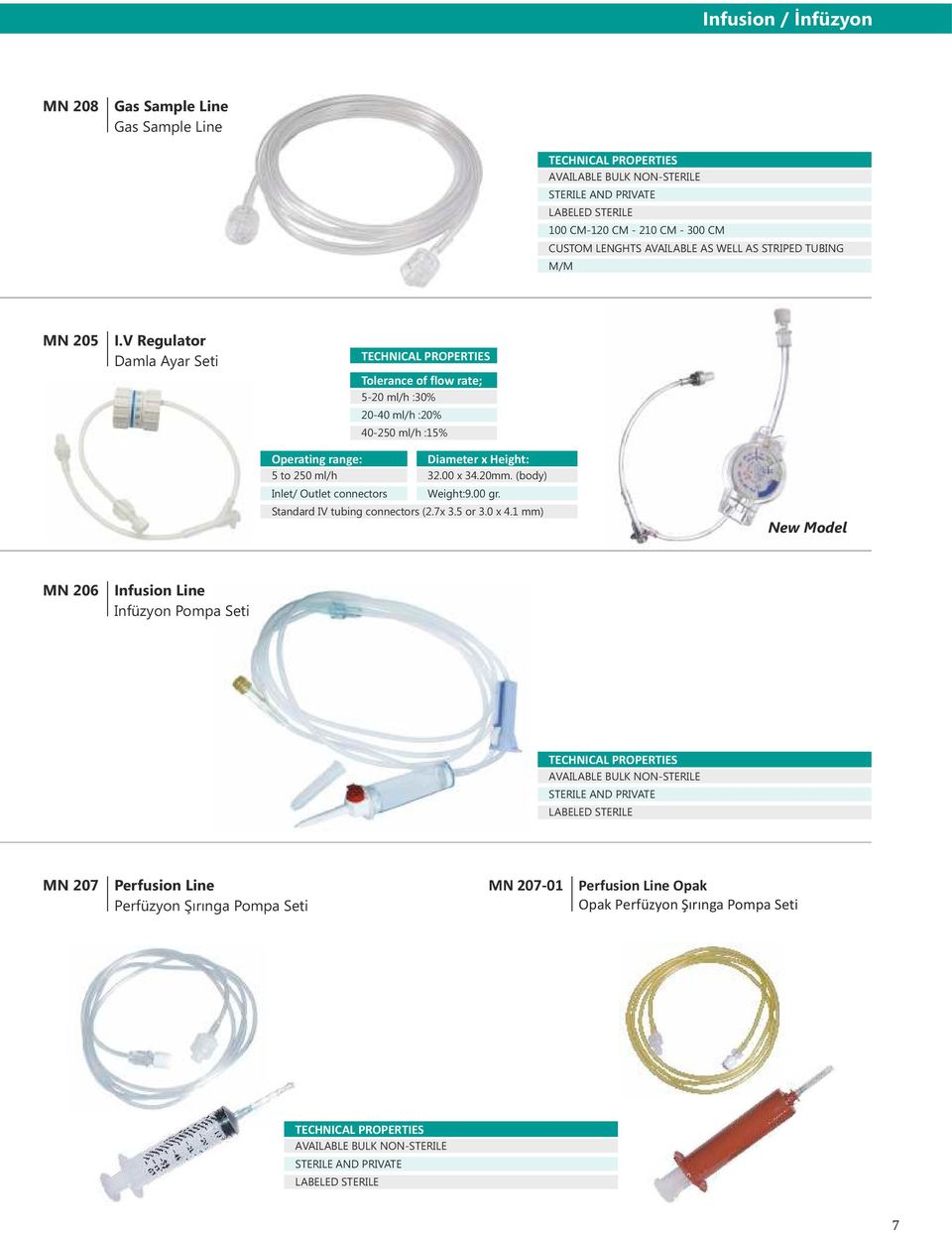 V Regulator Damla Ayar Seti Tolerance of flow rate; 5-20 ml/h :30% 20-40 ml/h :20% 40-250 ml/h :15% Operating range: 5 to 250 ml/h Inlet/ Outlet connectors Diameter x Height: 32.00 x 34.20mm.