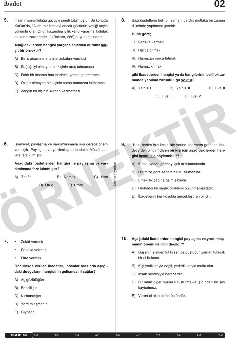 A) Bir iş adamının malının zekatını vermesi B) Sağlığı iyi olmayan bir kişinin oruç tutmaması 8. Bazı ibadetlerin belli bir zamanı vardır; mutlaka bu zaman diliminde yapılması gerekir. Buna göre; I.