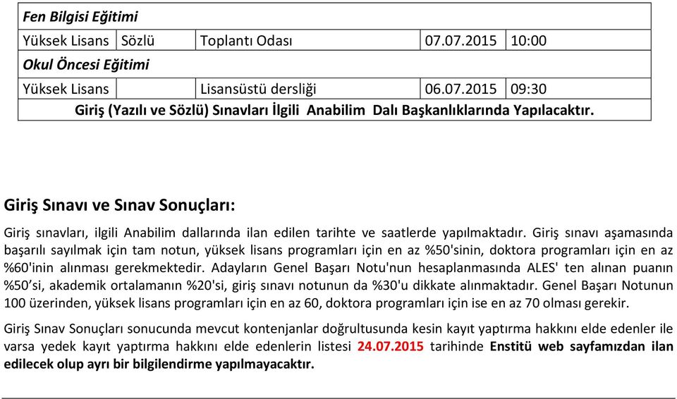 Giriş sınavı aşamasında başarılı sayılmak için tam notun, yüksek lisans programları için en az %50'sinin, doktora programları için en az %60'inin alınması gerekmektedir.