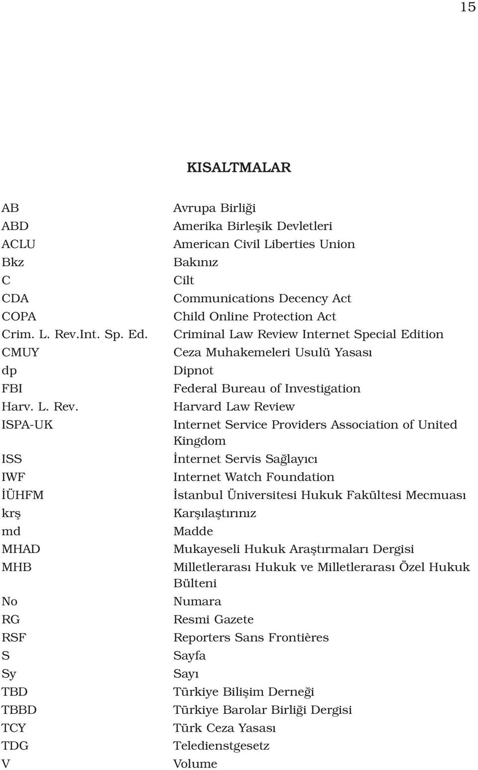 ISPA-UK ISS IWF ÜHFM krfl md MHAD MHB No RG RSF S Sy TBD TBBD TCY TDG V Avrupa Birli i Amerika Birleflik Devletleri American Civil Liberties Union Bak n z Cilt Communications Decency Act Child Online