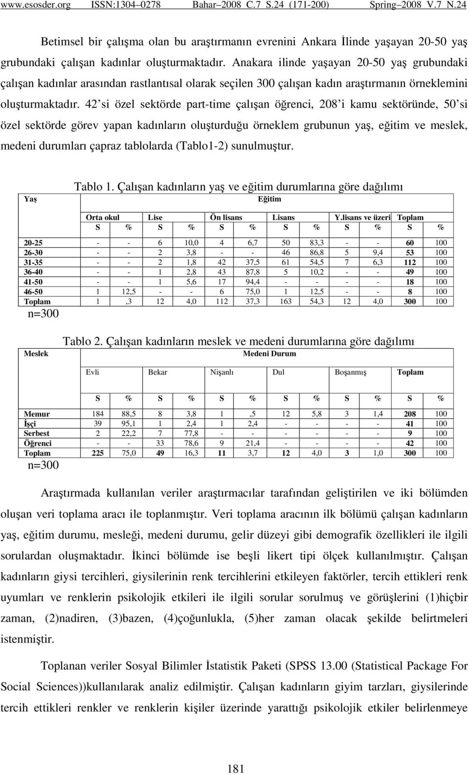 42 si özel sektörde part-time çalışan öğrenci, 208 i kamu sektöründe, 50 si özel sektörde görev yapan kadınların oluşturduğu örneklem grubunun yaş, eğitim ve meslek, medeni durumları çapraz