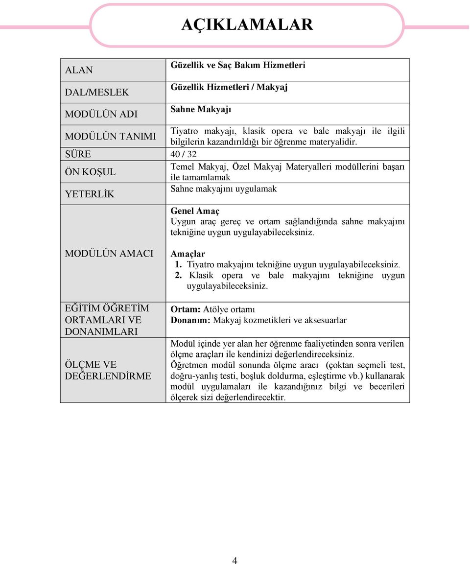 SÜRE 40 / 32 Temel Makyaj, Özel Makyaj Materyalleri modüllerini başarı ÖN KOŞUL ile tamamlamak YETERLİK Sahne makyajını uygulamak Genel Amaç Uygun araç gereç ve ortam sağlandığında sahne makyajını