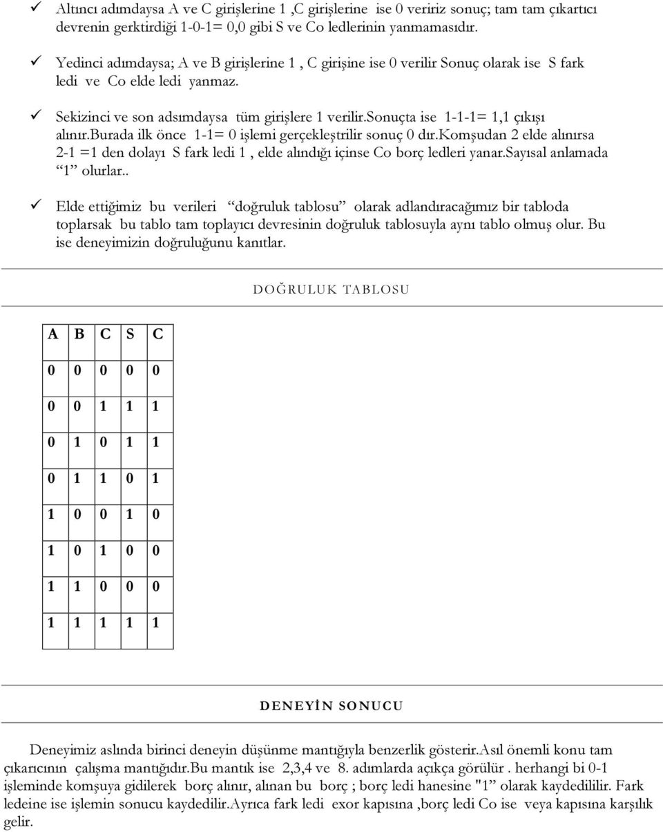 sonuçta ise 1-1-1= 1,1 çıkışı alınır.burada ilk önce 1-1= 0 işlemi gerçekleştrilir sonuç 0 dır.komşudan 2 elde alınırsa 2-1 =1 den dolayı S fark ledi 1, elde alındığı içinse Co borç ledleri yanar.