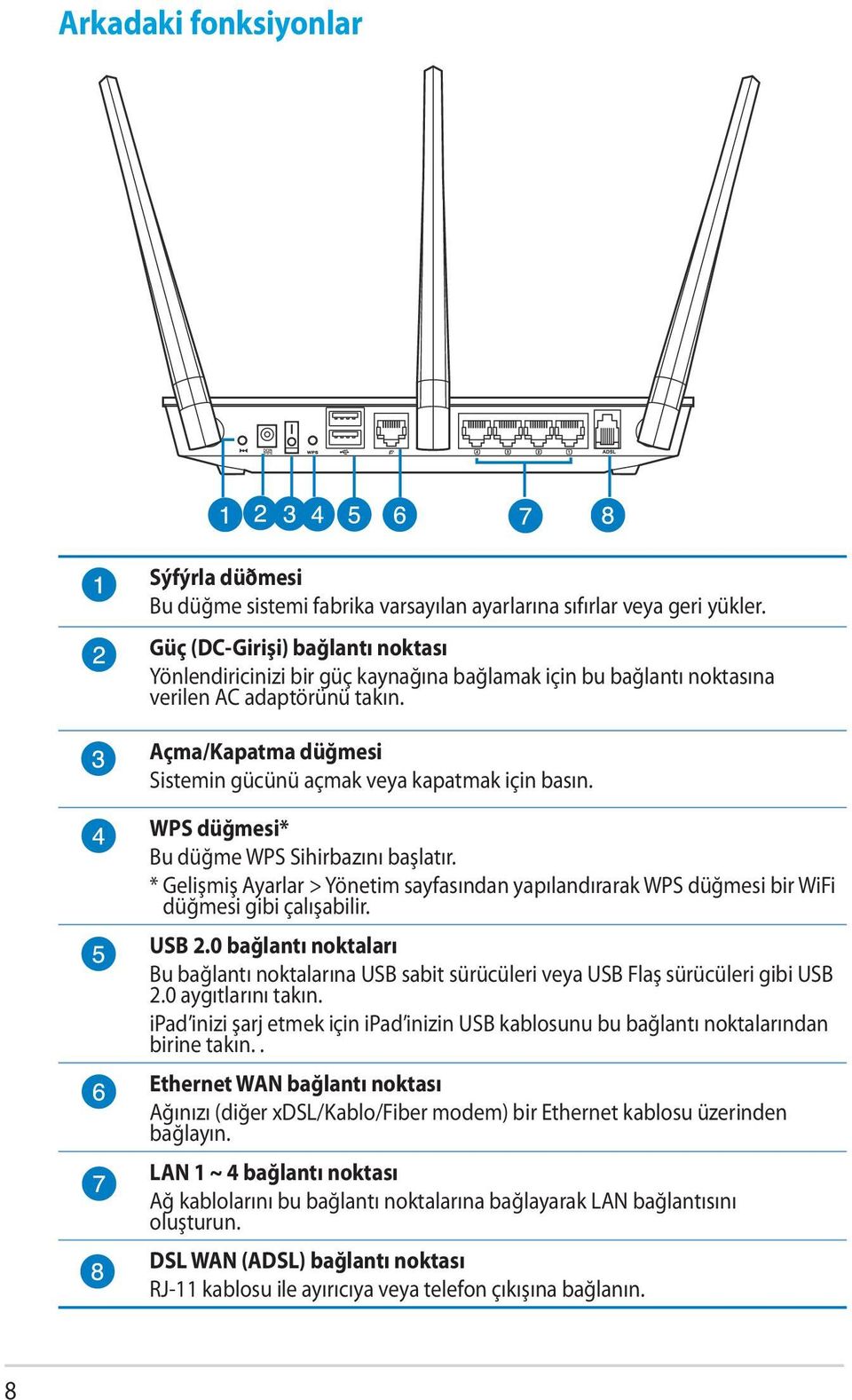 Açma/Kapatma düğmesi Sistemin gücünü açmak veya kapatmak için basın. WPS düğmesi* Bu düğme WPS Sihirbazını başlatır.