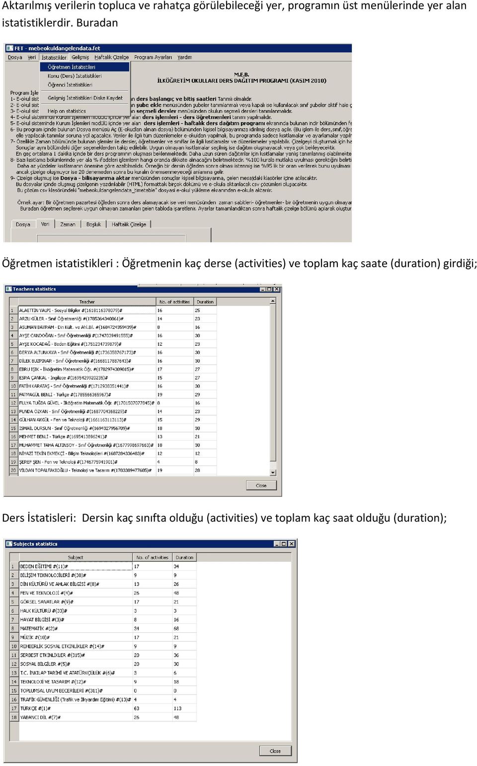 Buradan Öğretmen istatistikleri : Öğretmenin kaç derse (activities) ve toplam