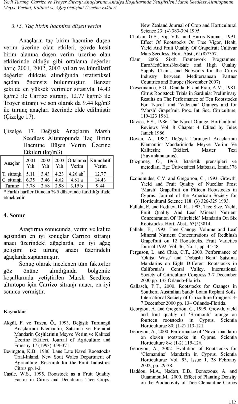 2002, 2003 yılları ve kümülatif değerler dikkate alındığında istatistiksel açıdan önemsiz bulunmuştur. Benzer şekilde en yüksek verimler sırasıyla 14.43 kg/m3 ile Carrizo sitranjı, 12.