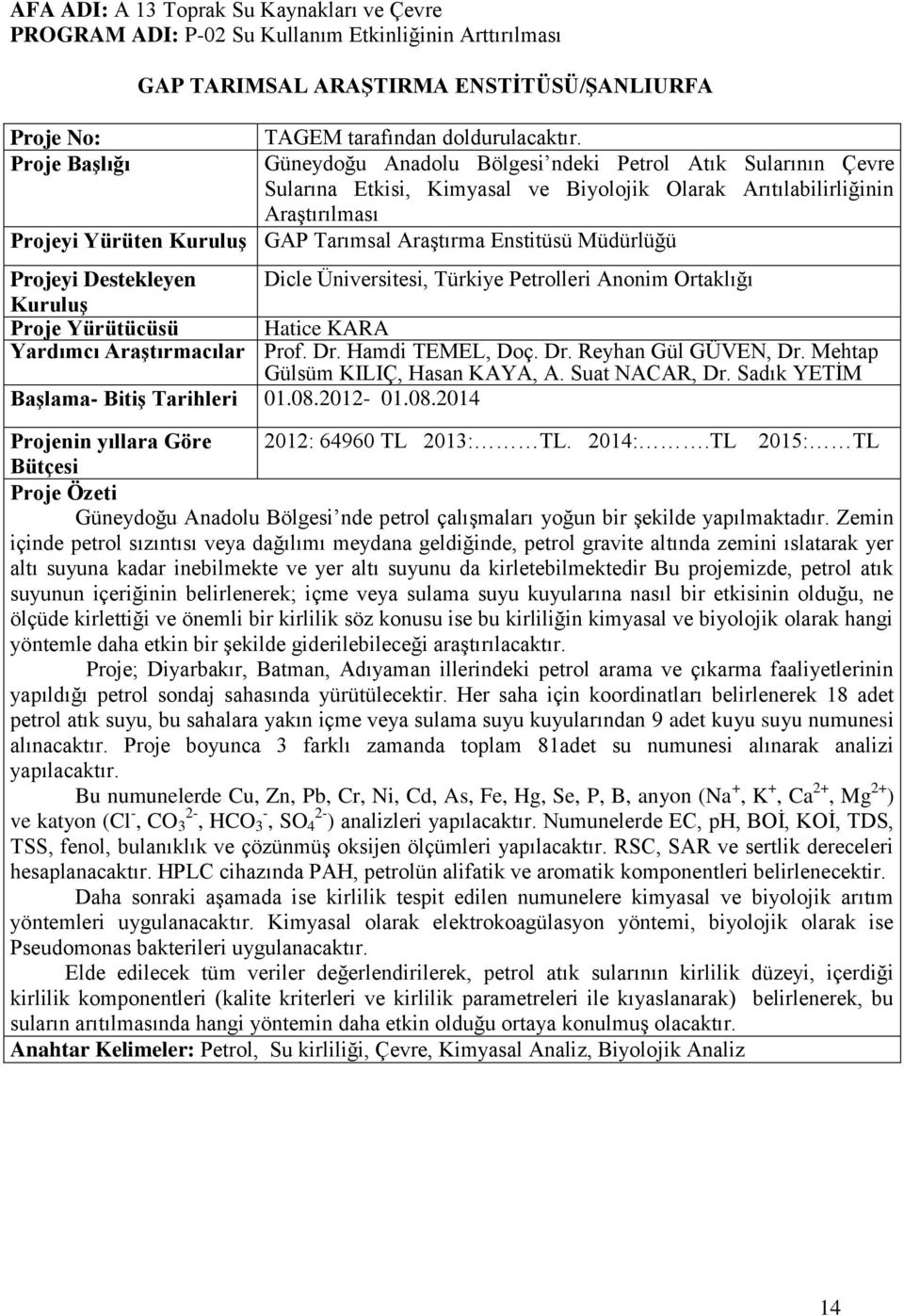 Dicle Üniversitesi, Türkiye Petrolleri Anonim Ortaklığı Hatice KARA Yardımcı Araştırmacılar Prof. Dr. Hamdi TEMEL, Doç. Dr. Reyhan Gül GÜVEN, Dr. Mehtap Gülsüm KILIÇ, Hasan KAYA, A. Suat NACAR, Dr.