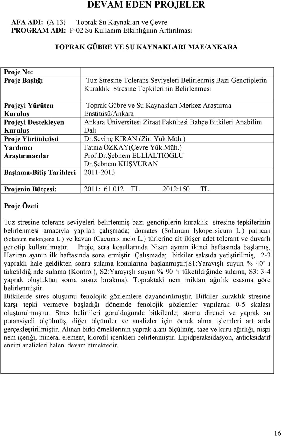 Fakültesi Bahçe Bitkileri Anabilim Dalı Dr.Sevinç KIRAN (Zir. Yük.Müh.) Yardımcı Fatma ÖZKAY(Çevre Yük.Müh.) Araştırmacılar Prof.Dr.Şebnem ELLİALTIOĞLU Dr.