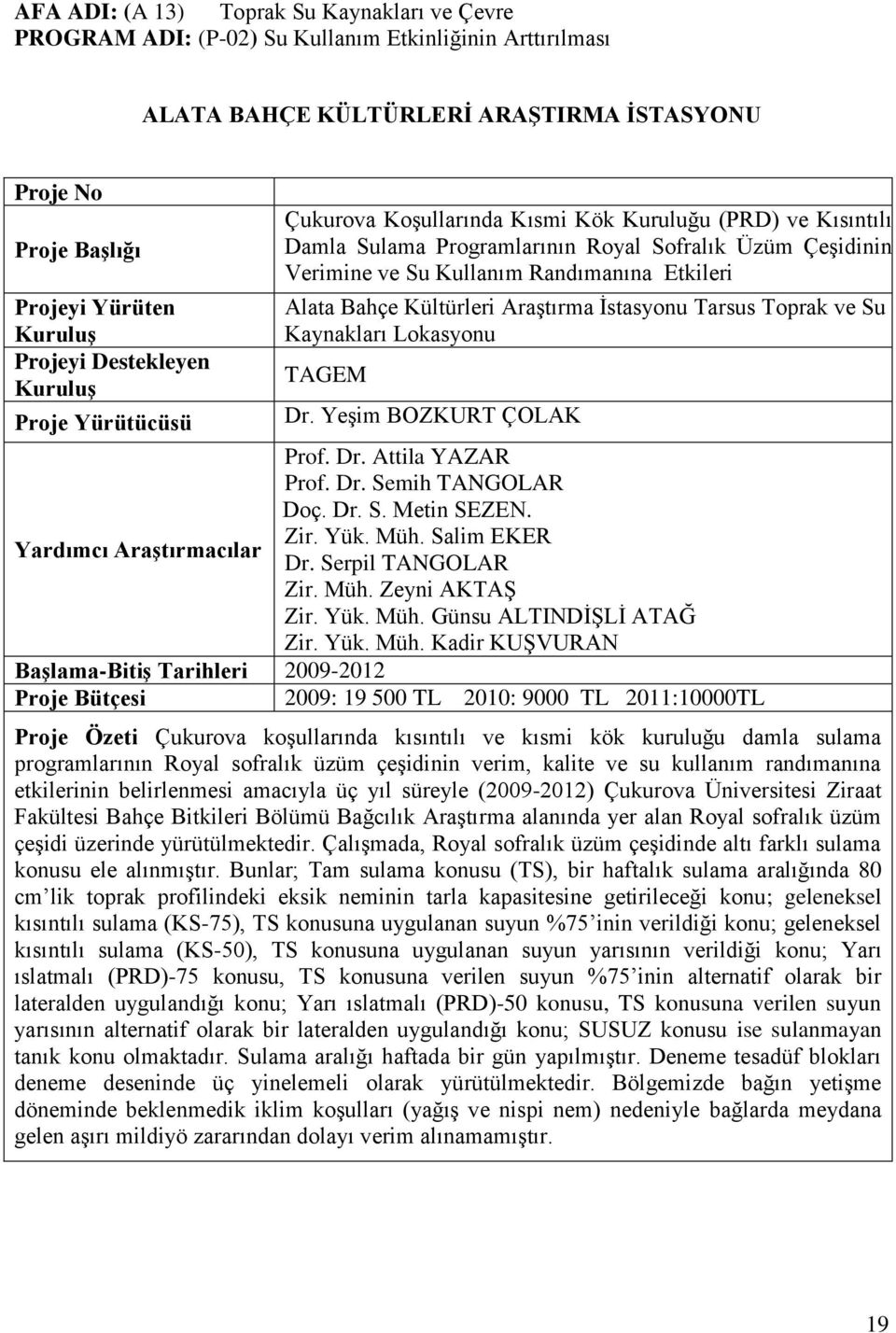 Kaynakları Lokasyonu TAGEM Dr. Yeşim BOZKURT ÇOLAK Prof. Dr. Attila YAZAR Prof. Dr. Semih TANGOLAR Doç. Dr. S. Metin SEZEN. Zir. Yük. Müh. Salim EKER Yardımcı Araştırmacılar Dr. Serpil TANGOLAR Zir.