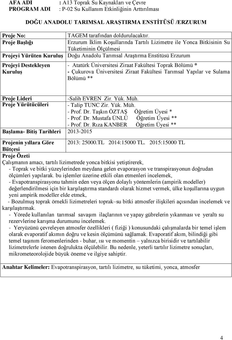 Toprak Bölümü * - Çukurova Üniversitesi Ziraat Fakültesi Tarımsal Yapılar ve Sulama Bölümü ** Proje Lideri -Salih EVREN Zir. Yük. Müh. Proje Yürütücüleri - Talip TUNC Zir. Yük. Müh. - Prof. Dr.