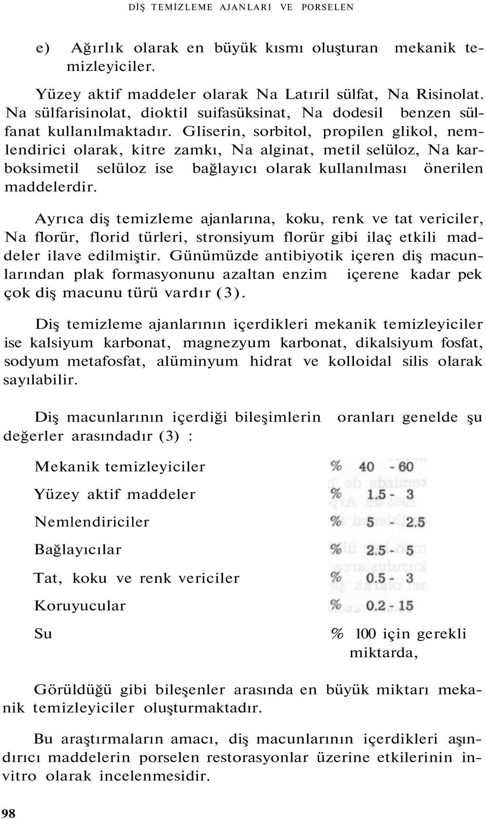 Gliserin, sorbitol, propilen glikol, nemlendirici olarak, kitre zamkı, Na alginat, metil selüloz, Na karboksimetil selüloz ise bağlayıcı olarak kullanılması önerilen maddelerdir.