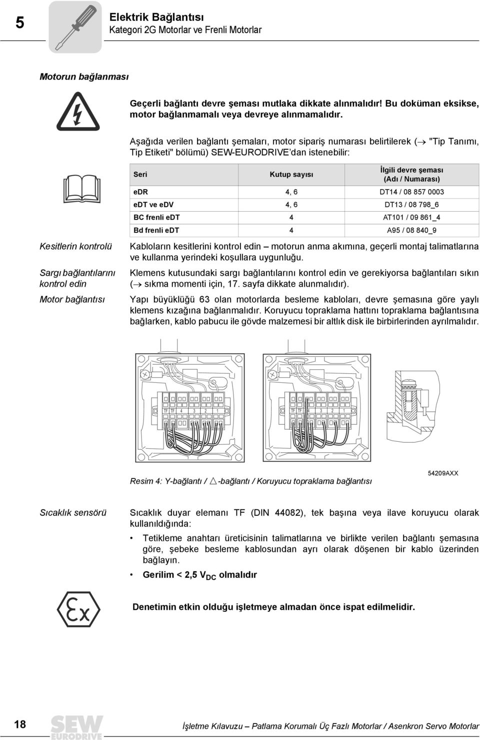 Aşağıda verilen bağlantı şemaları, motor sipariş numarası belirtilerek ( "Tip Tanımı, Tip Etiketi" bölümü) SEW-EURODRIVE dan istenebilir: Kesitlerin kontrolü Sargı bağlantılarını kontrol edin Motor