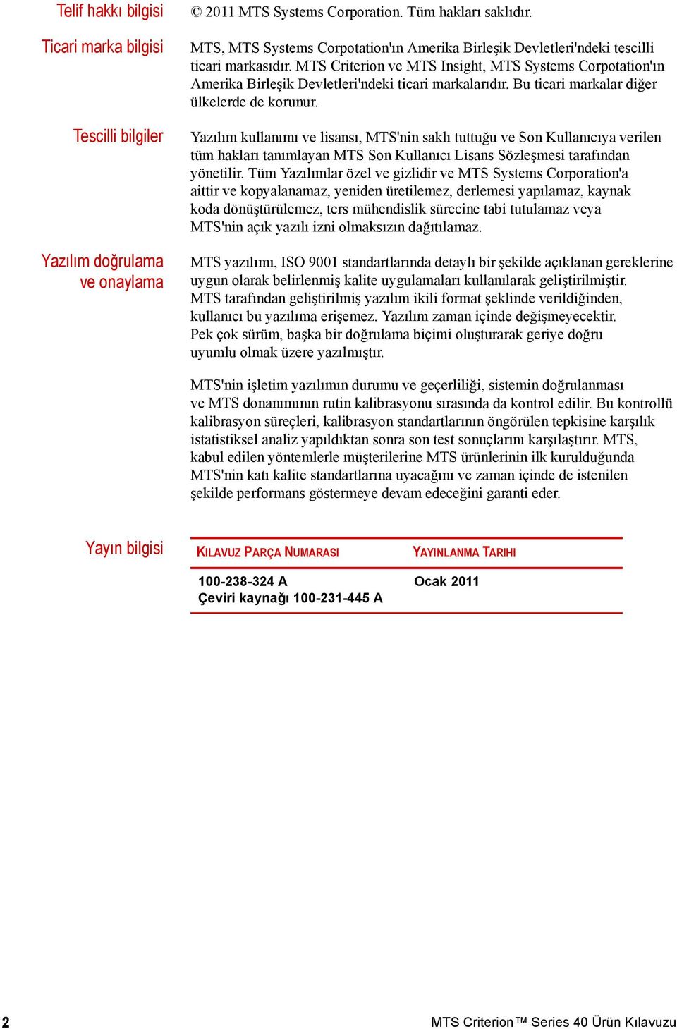 MTS Criterion ve MTS Insight, MTS Systems Corpotation'ın Amerika Birleşik Devletleri'ndeki ticari markalarıdır. Bu ticari markalar diğer ülkelerde de korunur.