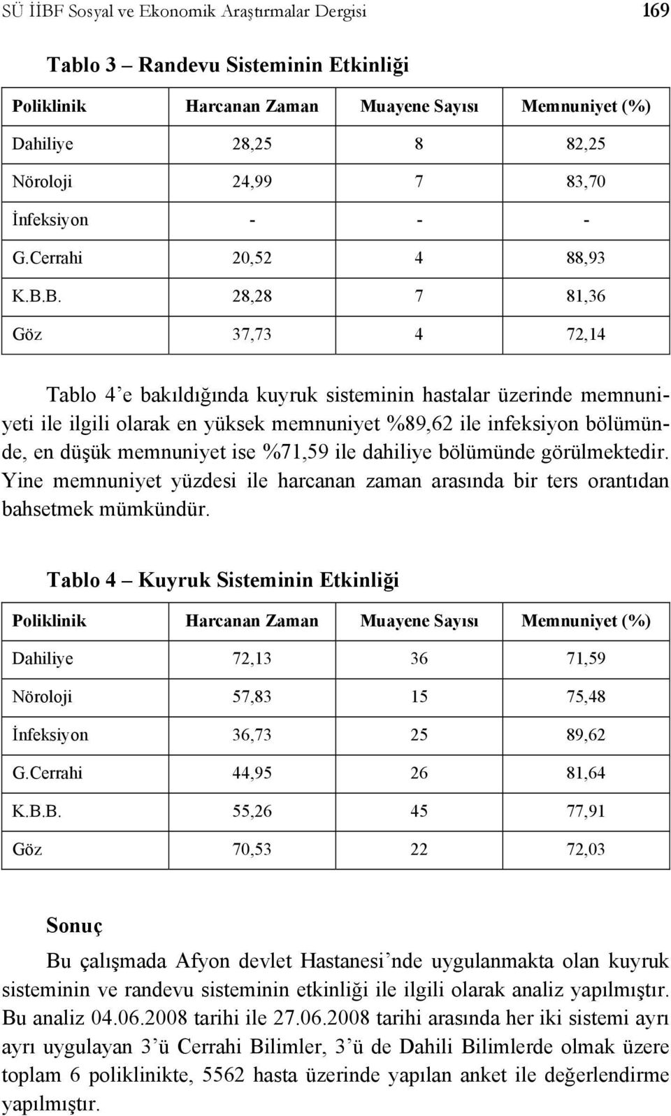 B. 28,28 7 81,36 Göz 37,73 4 72,14 Tablo 4 e bakıldığında kuyruk sisteminin hastalar üzerinde memnuniyeti ile ilgili olarak en yüksek memnuniyet %89,62 ile infeksiyon bölümünde, en düşük memnuniyet