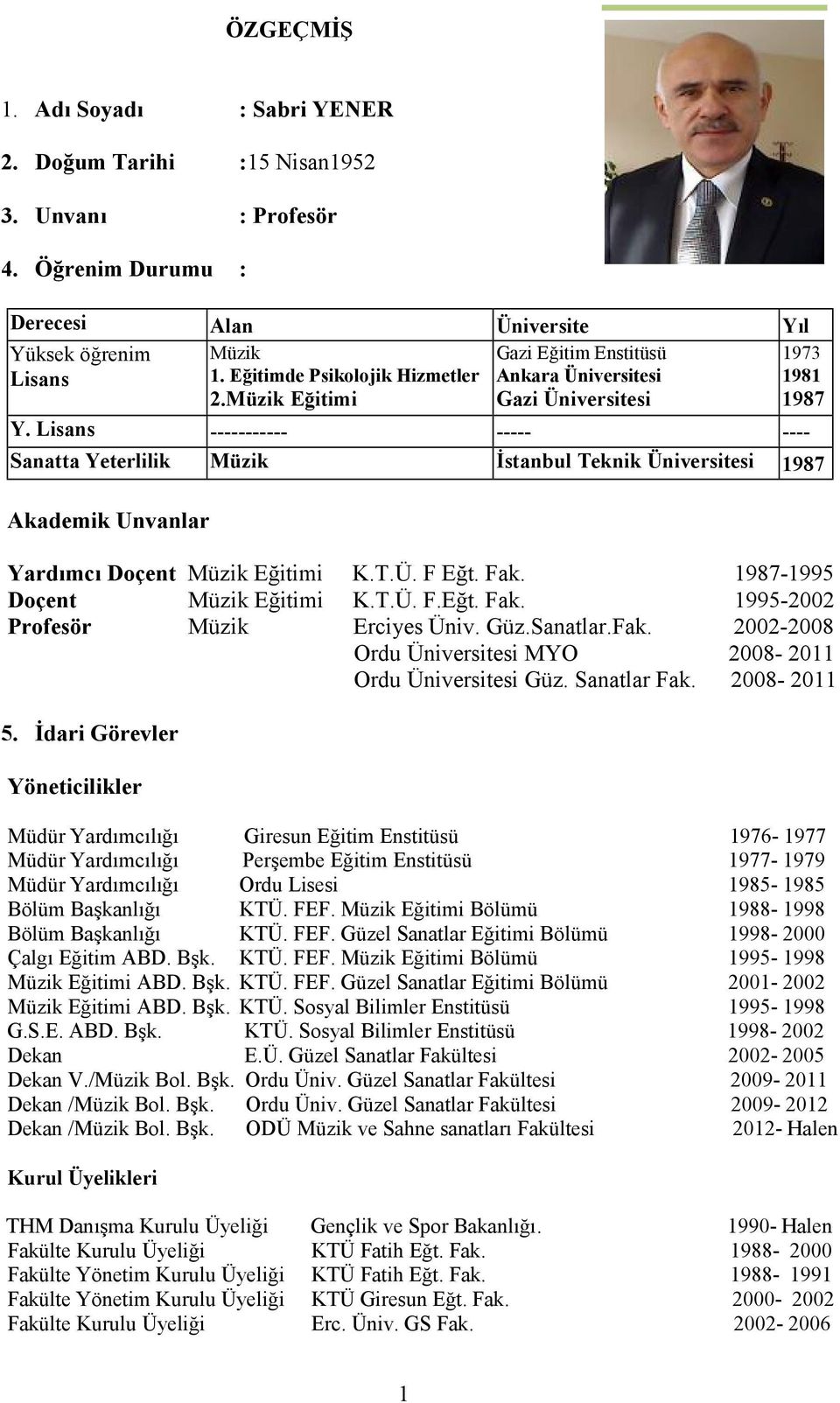 Lisans ----------- ----- ---- 1973 1981 1987 Sanatta Yeterlilik Müzik İstanbul Teknik Üniversitesi 1987 Akademik Unvanlar Yardımcı Doçent Müzik Eğitimi K.T.Ü. F Eğt. Fak.