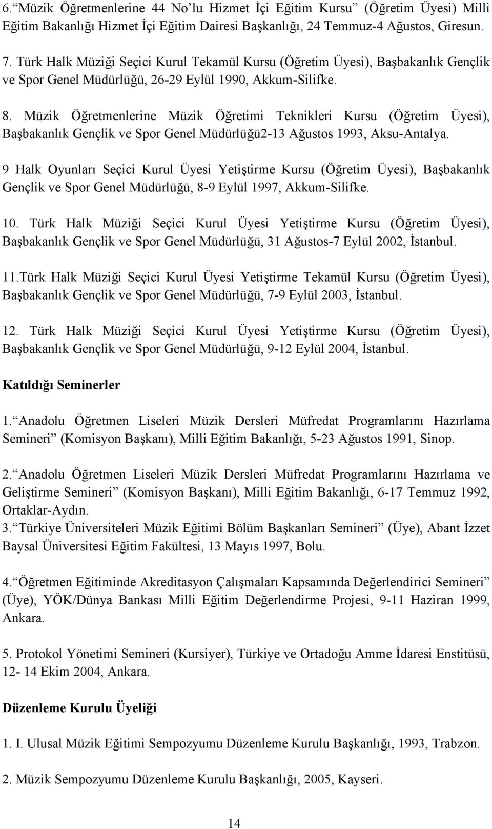 Müzik Öğretmenlerine Müzik Öğretimi Teknikleri Kursu (Öğretim Üyesi), Başbakanlık Gençlik ve Spor Genel Müdürlüğü2-13 Ağustos 1993, Aksu-Antalya.