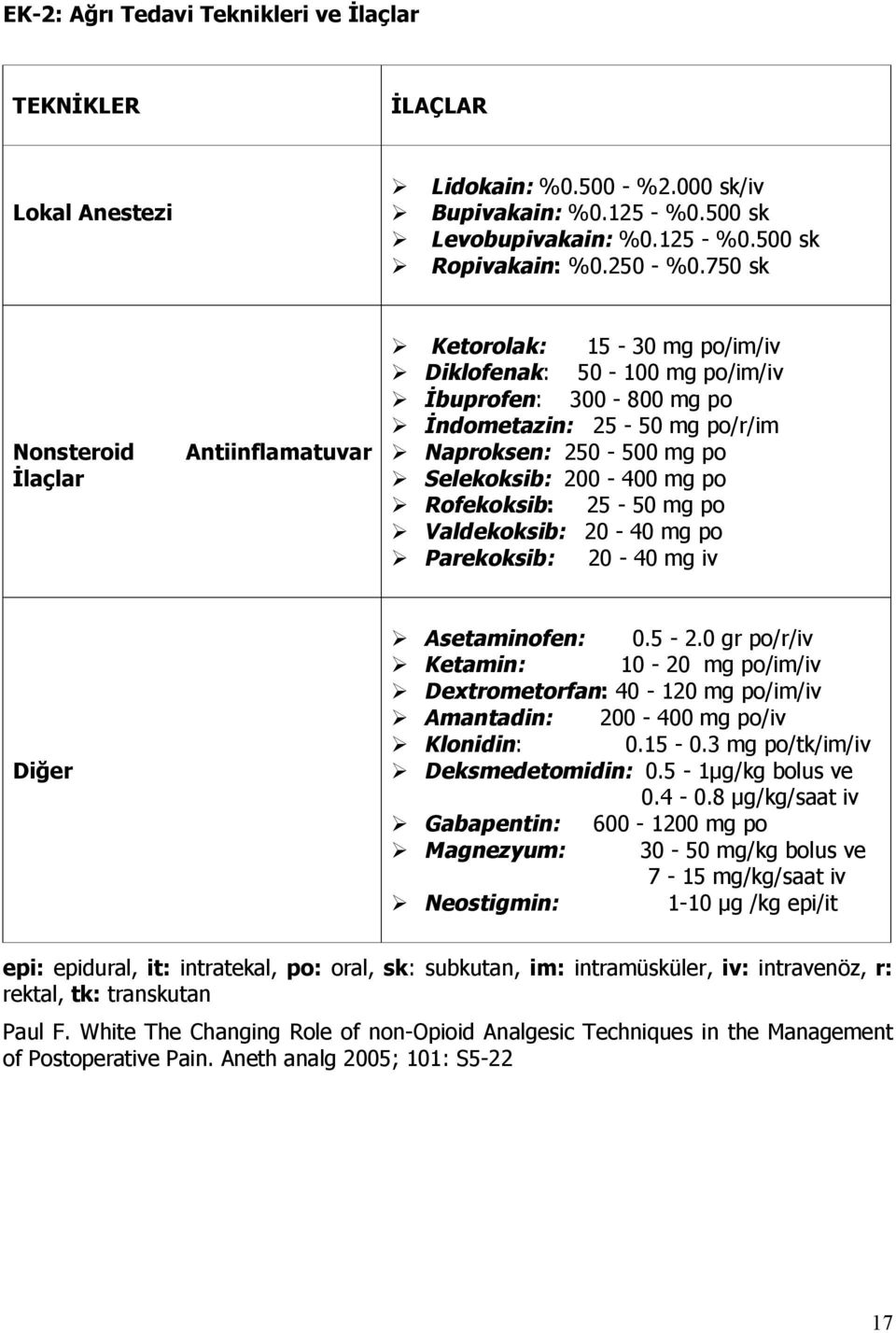 200-400 mg po Rofekoksib: 25-50 mg po Valdekoksib: 20-40 mg po Parekoksib: 20-40 mg iv Diğer Asetaminofen: 0.5-2.