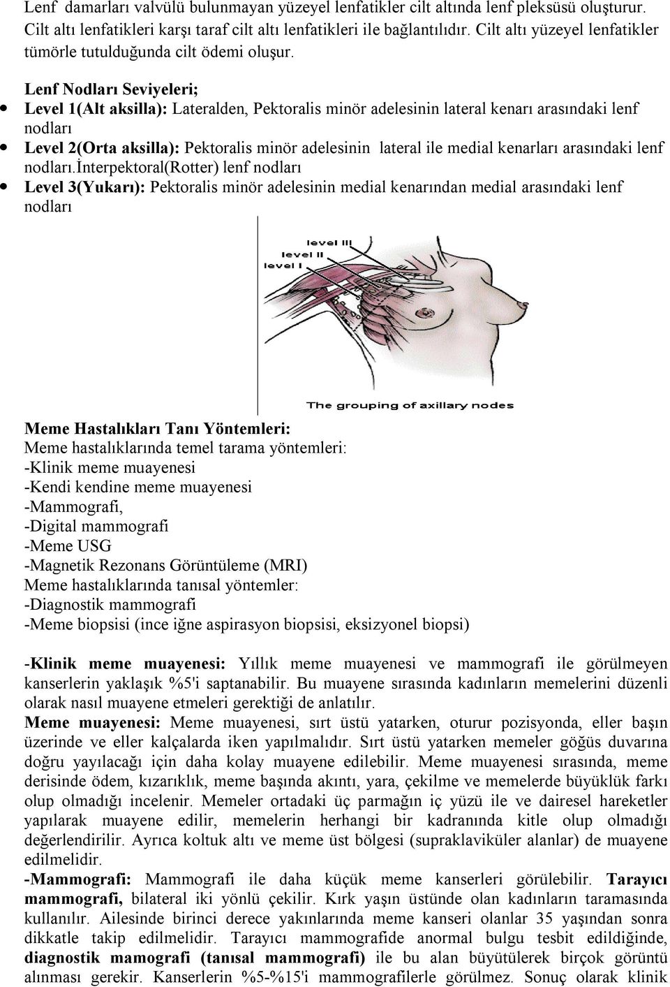 Lenf Nodları Seviyeleri; Level 1(Alt aksilla): Lateralden, Pektoralis minör adelesinin lateral kenarı arasındaki lenf nodları Level 2(Orta aksilla): Pektoralis minör adelesinin lateral ile medial