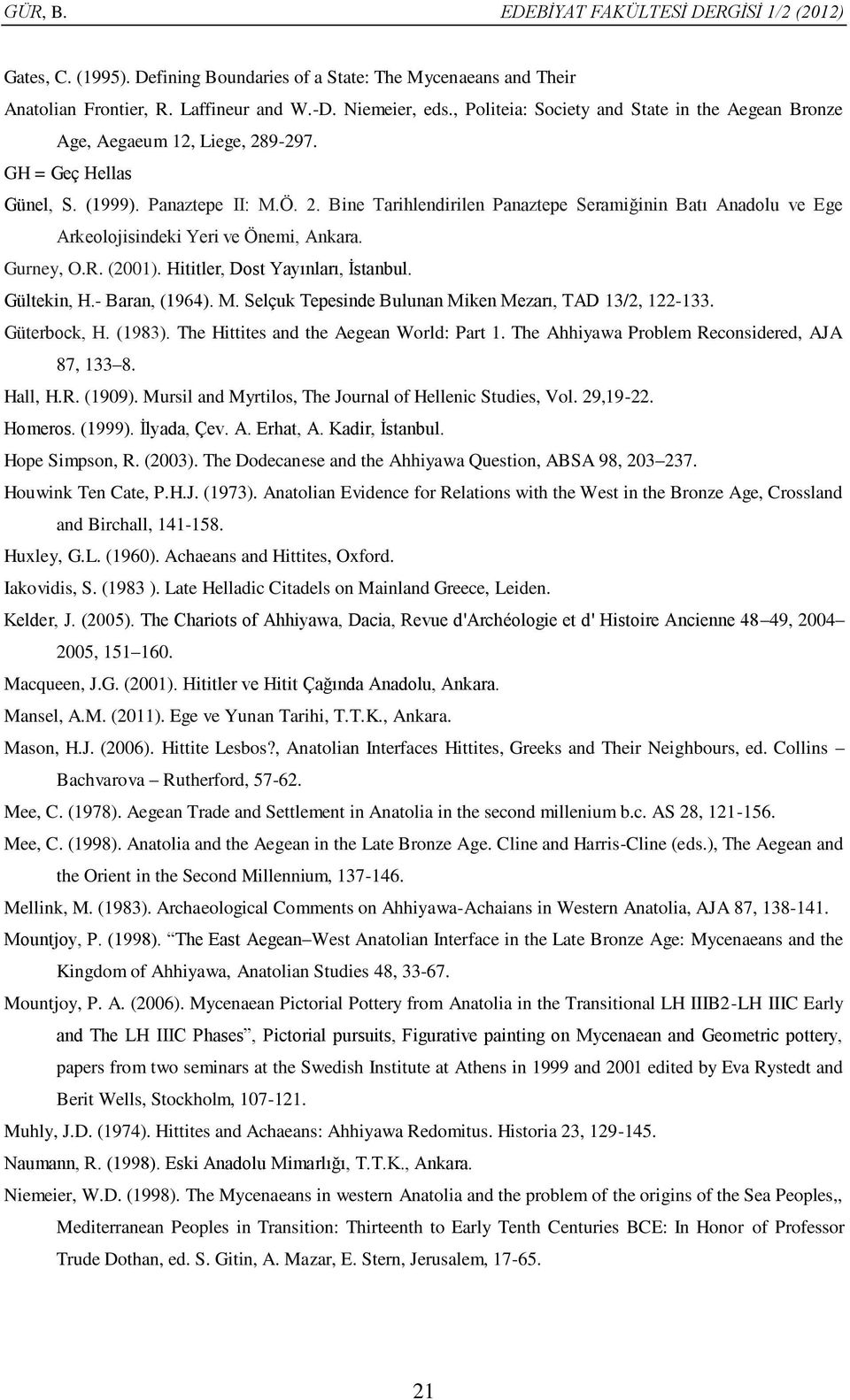 Gurney, O.R. (2001). Hititler, Dost Yayınları, İstanbul. Gültekin, H.- Baran, (1964). M. Selçuk Tepesinde Bulunan Miken Mezarı, TAD 13/2, 122-133. Güterbock, H. (1983).