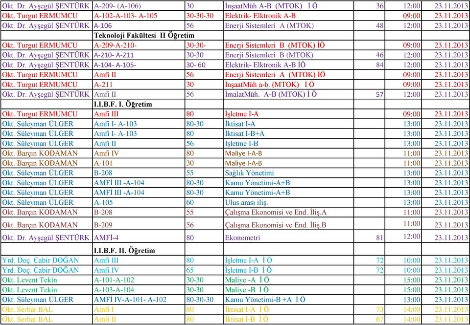 Ayşegül ŞENTÜRK A-210- A-211 30-30 Enerji Sistemleri B (MTOK) 46 12:00 23.11.2013 Okt. Dr. Ayşegül ŞENTÜRK A-104- A-105-30- 60 Elektrik- Elktronik A-B İÖ 84 12:00 23.11.2013 Okt. Turgut ERMUMCU Amfi II 56 Enerji Sistemleri A (MTOK) İÖ 09:00 23.